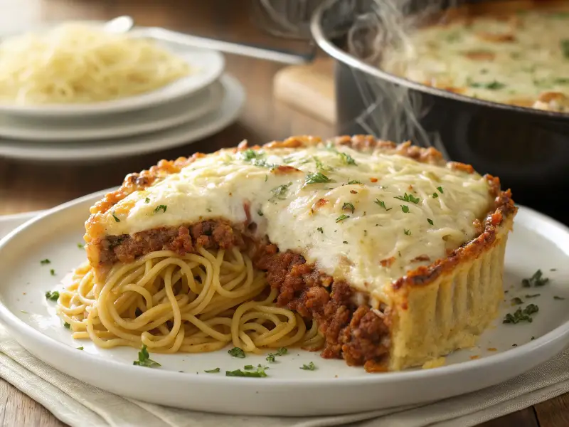 Slice of baked spaghetti pie with ground beef, marinara sauce, and melted cheese, served on a white plate.