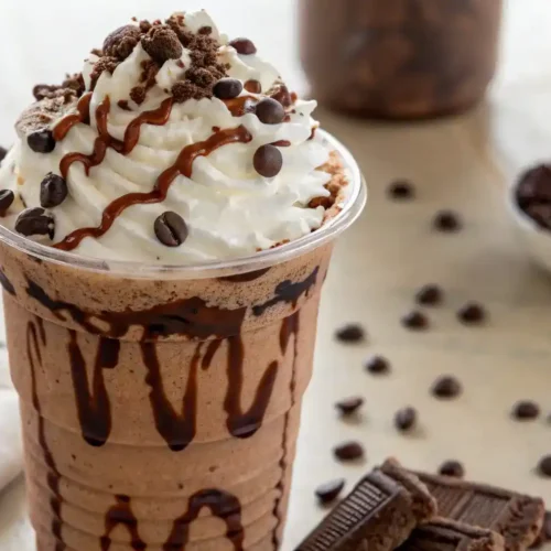 A finished Double Chocolate Chip Frappuccino topped with whipped cream and chocolate drizzle.
