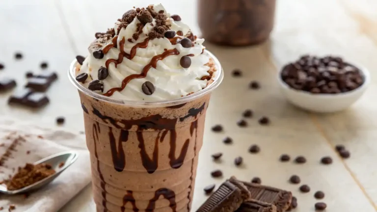 A finished Double Chocolate Chip Frappuccino topped with whipped cream and chocolate drizzle.