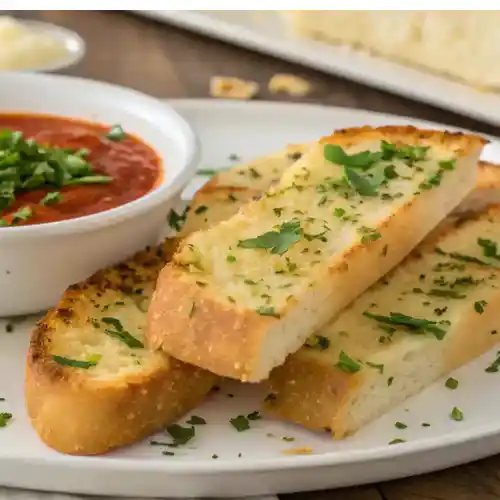 Slices of baked frozen garlic bread served with marinara dipping sauce on a white plate.