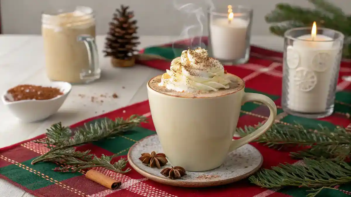 A beautifully presented eggnog latte topped with whipped cream and nutmeg.