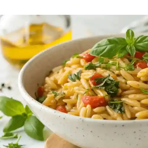 A bowl of orzo pasta mixed with diced tomatoes, fresh herbs, and garnished with basil leaves.
