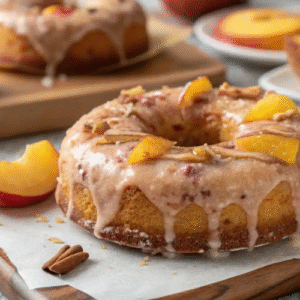 Peach bundt cake topped with glaze, peach slices, and pecans on a wooden board.
