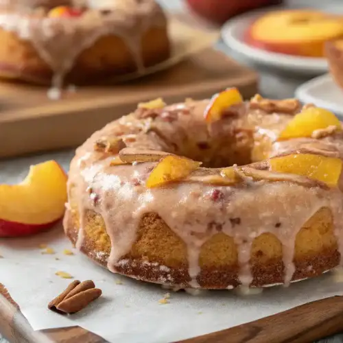 Peach bundt cake topped with glaze, peach slices, and pecans on a wooden board.