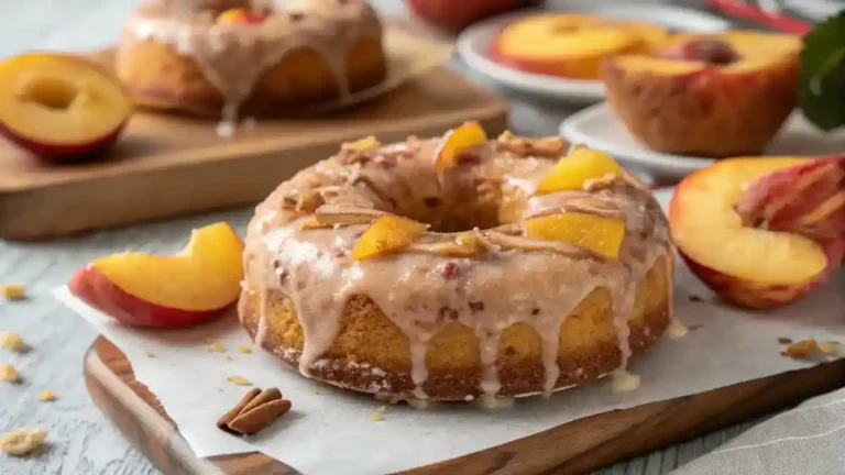 Freshly baked Peach Cobbler Donut with glaze and peach slices.
