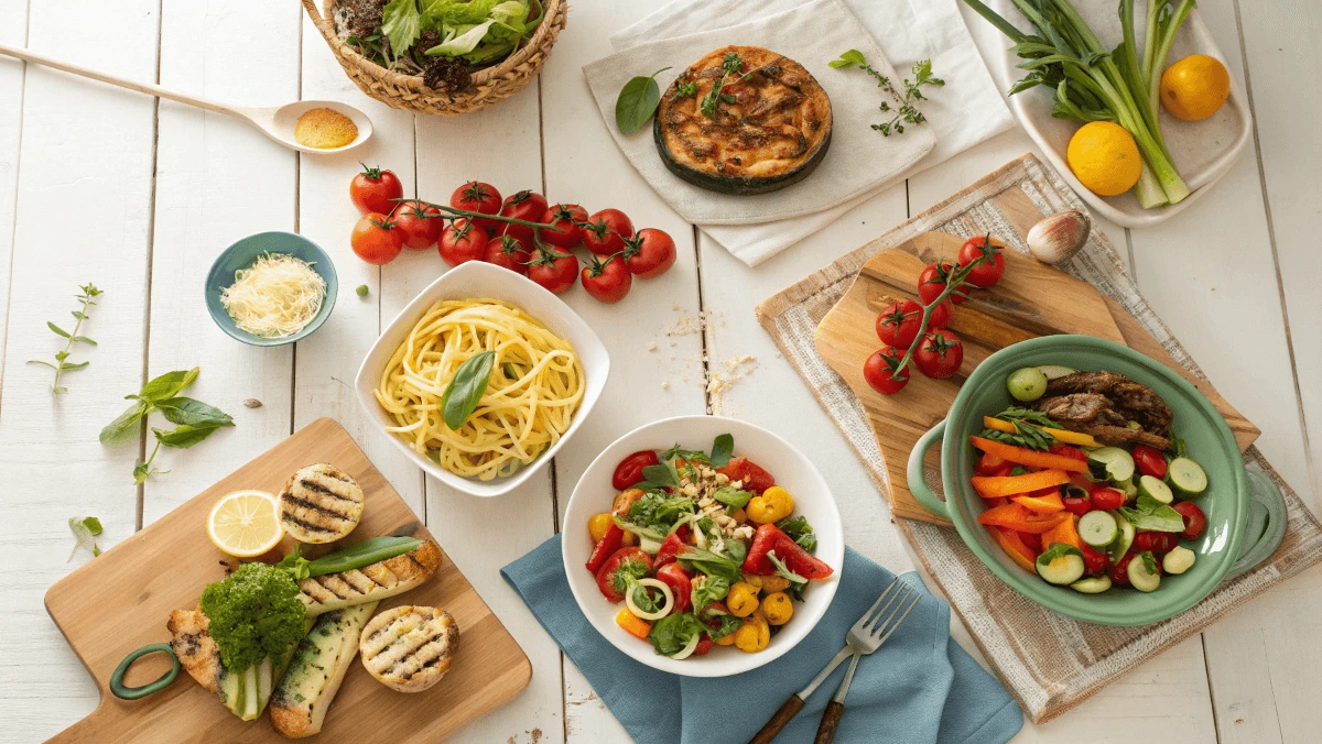Overhead view of a rustic wooden table with colorful homemade dishes in a sunlit kitchen.