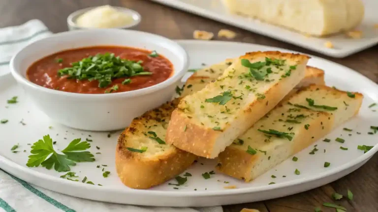 Plated frozen garlic bread with marinara sauce