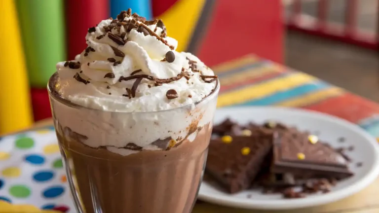 A beautifully served frozen hot chocolate with toppings.