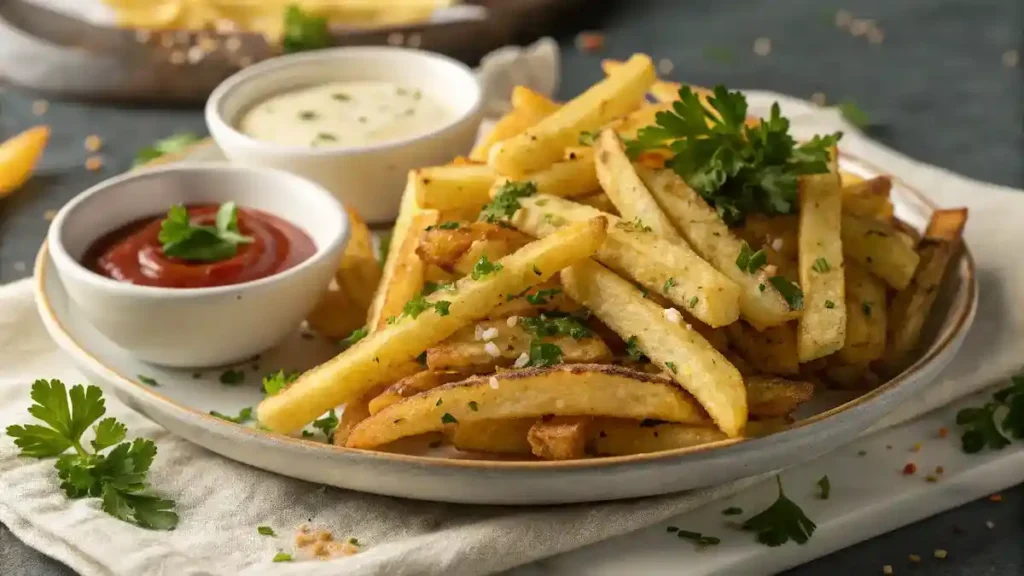 A delicious plate of garlic fries garnished with parsley and served with dipping sauces.