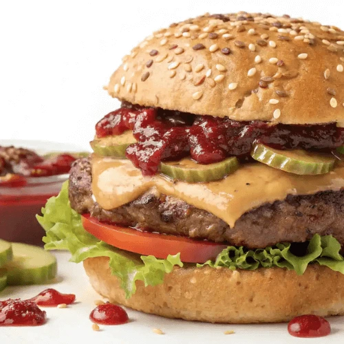Close-up of a gourmet beef burger with lettuce, tomato, pickles, creamy peanut butter, and berry sauce on a sesame seed bun