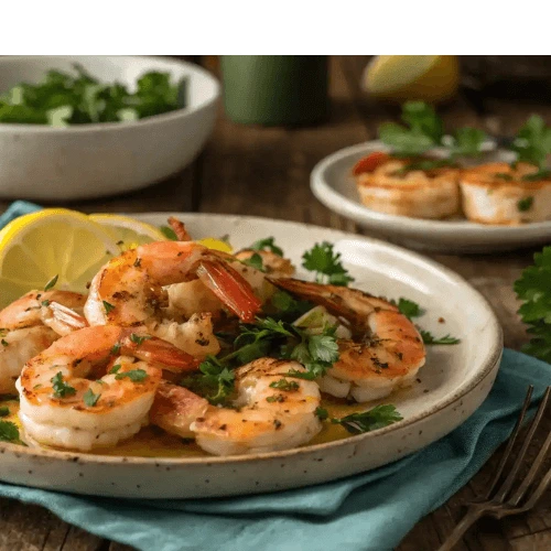 Grilled shrimp garnished with fresh herbs and lemon slices on a ceramic plate.