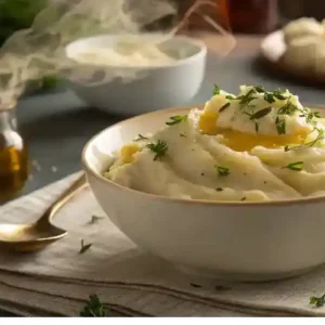 A bowl of creamy mashed potatoes topped with melted butter and garnished with fresh herbs.