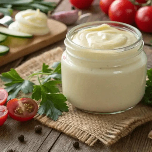 Glass jar filled with creamy homemade mayonnaise on a rustic burlap cloth, surrounded by fresh vegetables like tomatoes, cucumbers, and parsley