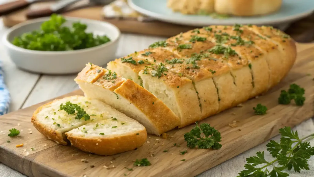 Sliced frozen garlic bread on a cutting board
