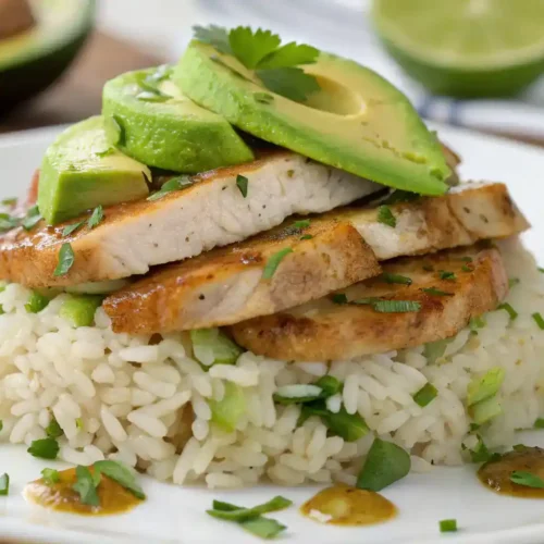 Honey lime chicken and avocado rice stack plated beautifully.