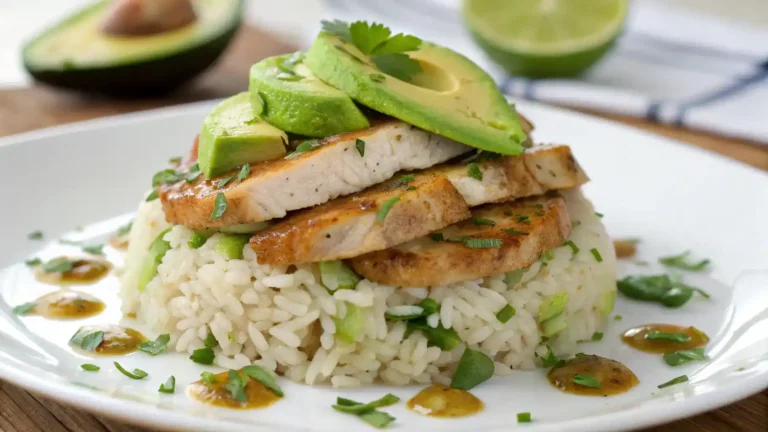 Honey lime chicken and avocado rice stack plated beautifully.