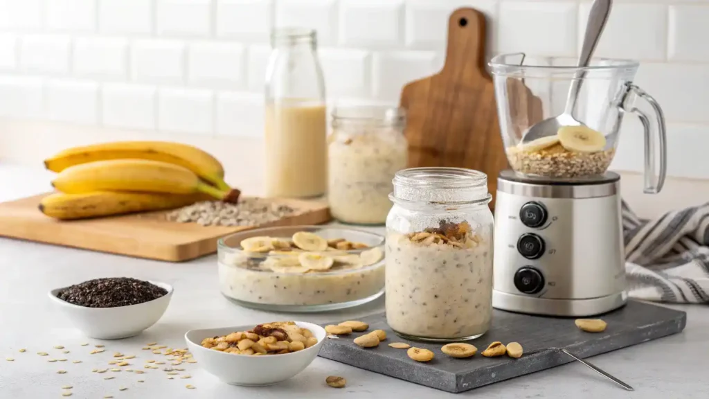 Step-by-step process of making Banana Overnight Oats with ingredients displayed.