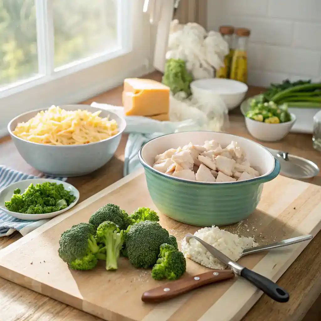 Ingredients and cooking process for broccoli chicken cheese casserole, including broccoli, chicken, cheese, and rice.