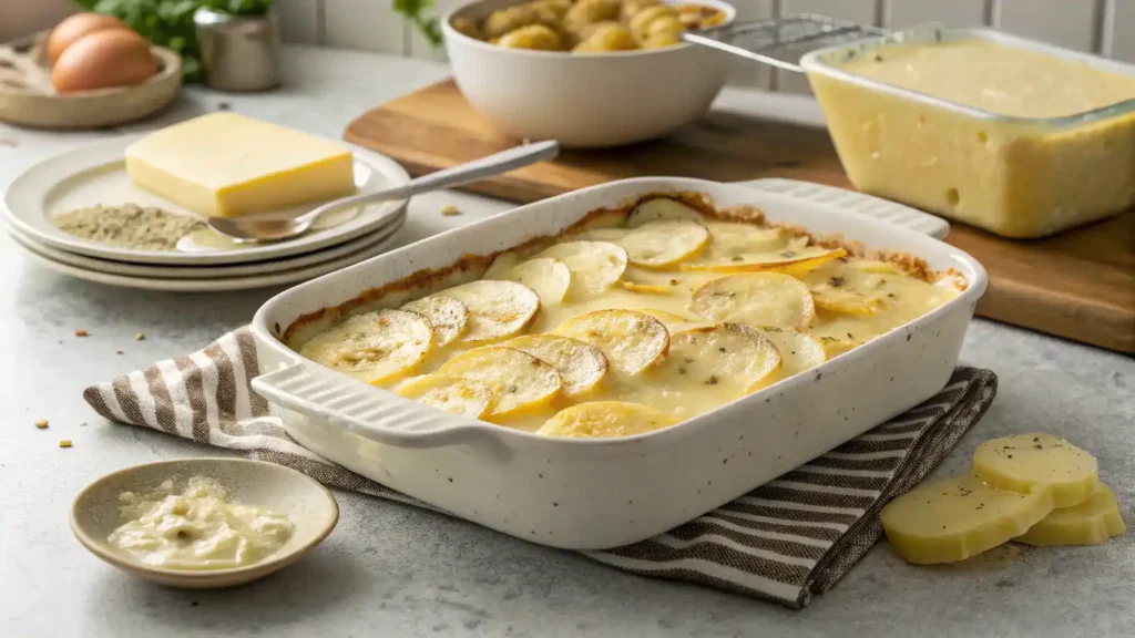 A step-by-step visual guide to making cheesy scalloped potatoes supreme, showcasing ingredients and cooking process.