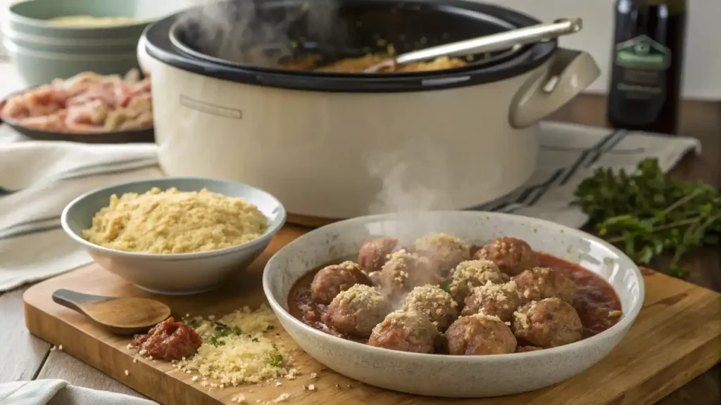 A step-by-step guide to making Crock Pot Swedish Meatballs with ingredients displayed.
