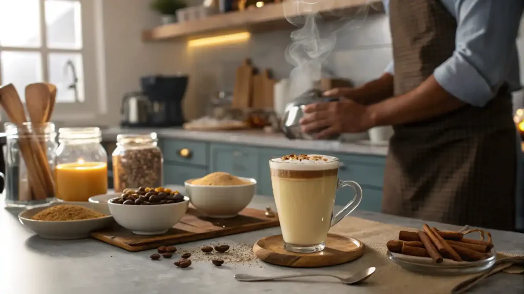 A person preparing an eggnog latte in a cozy kitchen with ingredients on the counter.