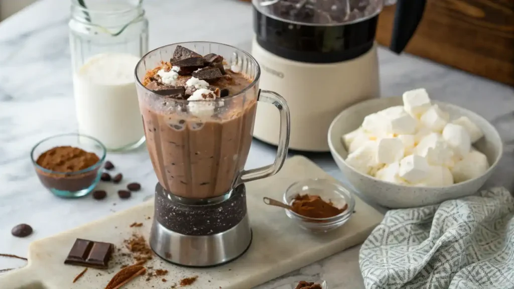 A blender filled with milk and chocolate syrup blending to make frozen hot chocolate.