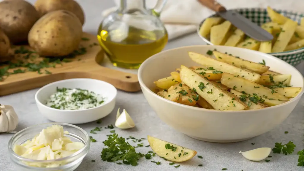 A step-by-step guide to making garlic fries, featuring ingredients and preparation methods.