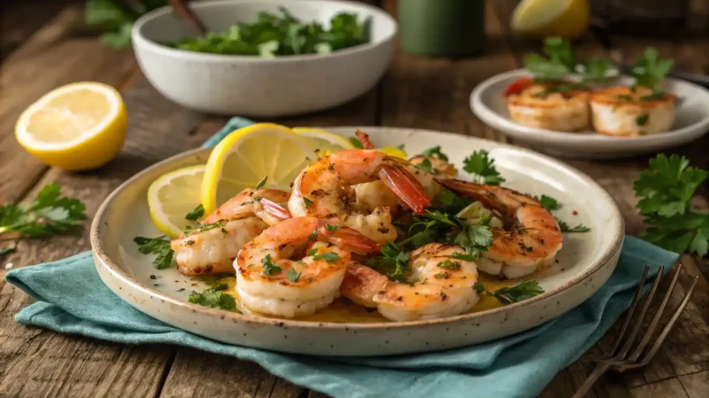 Sautéed langostino tails garnished with parsley and lemon.