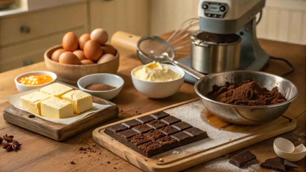 Ingredients and tools laid out for making Lunchroom Ladies Brownies, including butter, sugar, eggs, and cocoa powder.