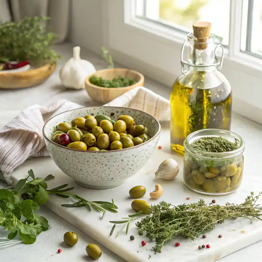 A vibrant display of ingredients for marinated olives including mixed olives, olive oil, garlic, and fresh herbs.