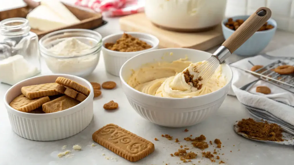 Ingredients and process for making Mini Biscoff Cheesecakes, including cream cheese and Biscoff cookies.