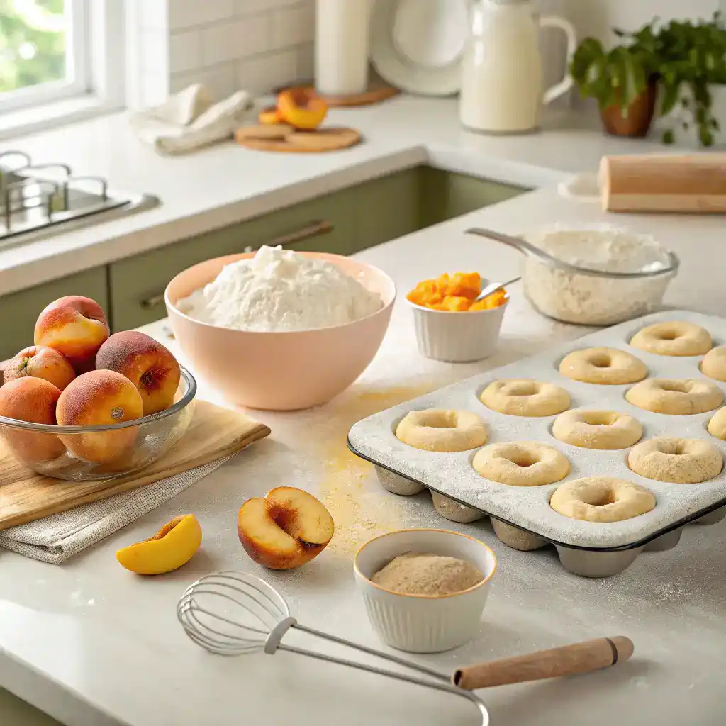 Step-by-step process of making Peach Cobbler Donuts with ingredients displayed.