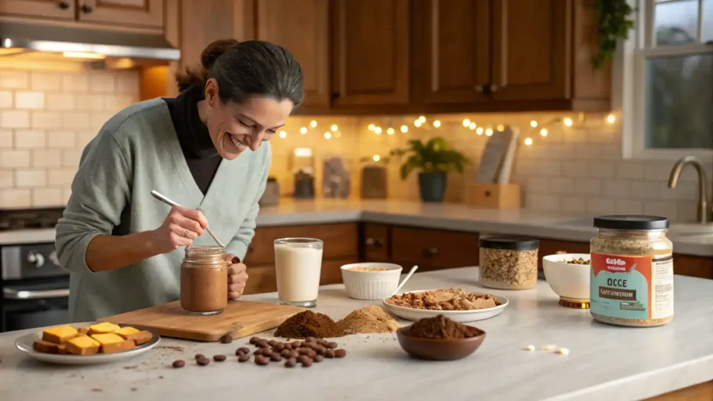 A cozy kitchen with ingredients for peanut butter hot chocolate laid out, including cocoa powder, peanut butter, and milk.