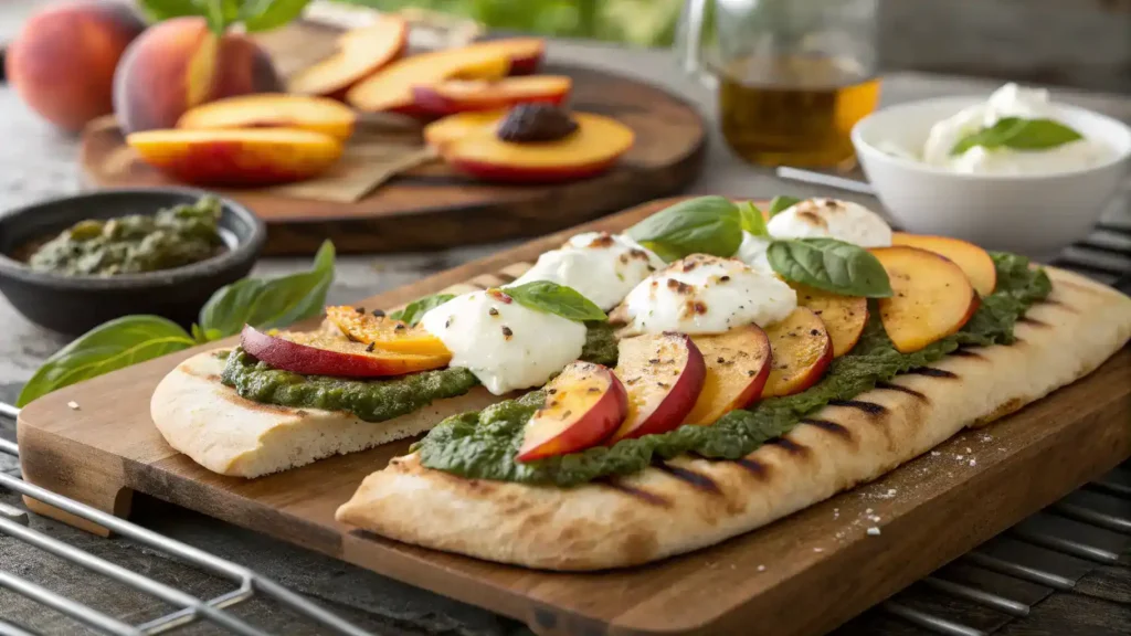 Ingredients and steps for making Pesto, Grilled Peach & Burrata Flatbread.