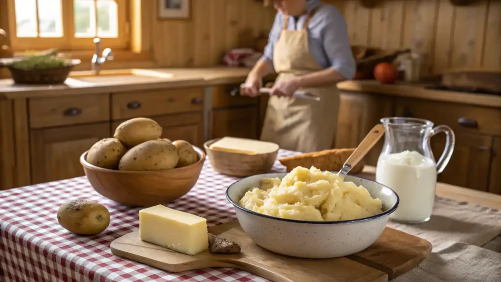 A step-by-step guide to making real mashed potatoes with ingredients laid out on a kitchen counter.