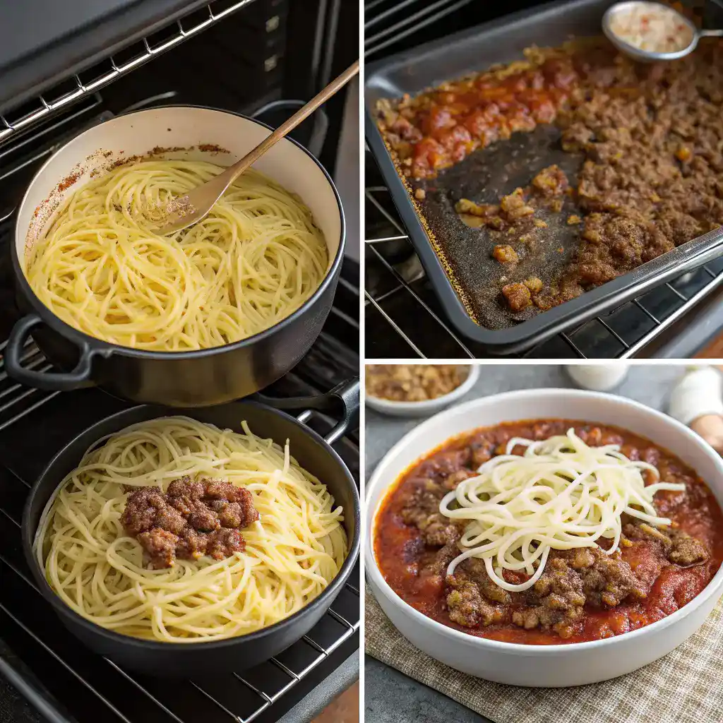 Step-by-step process of making Spaghetti Pie, including cooking spaghetti, preparing crust, and assembling the pie.