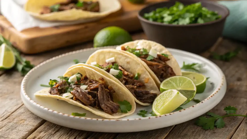 Delicious tacos de barbacoa with fresh toppings