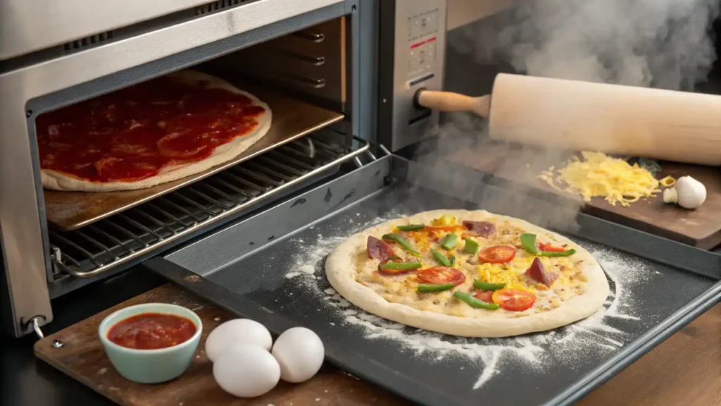 Step-by-step process of making The Best Breakfast Pizza, showcasing ingredients and preparation steps.