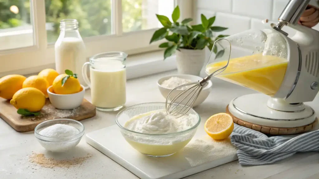 Ingredients and steps for making whipped lemonade displayed in a bright kitchen.