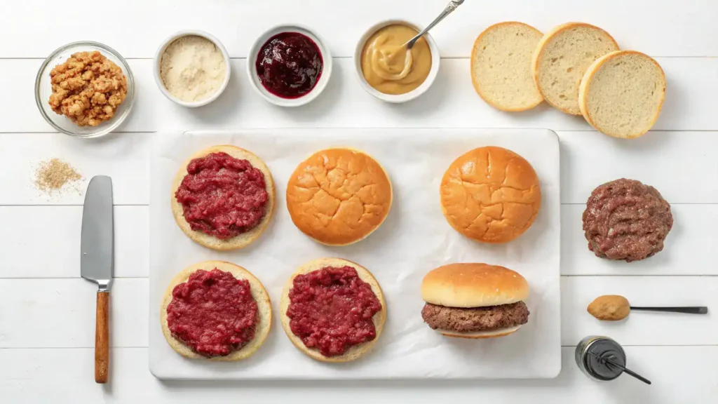 Step-by-step cooking process for peanut butter and jelly burger with ingredients displayed.