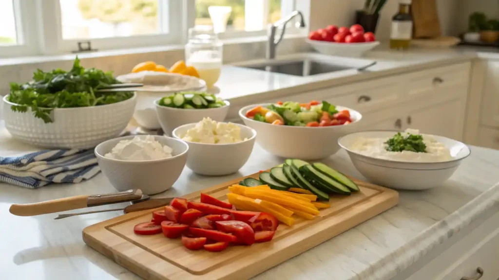 A bright kitchen counter with fresh vegetables, cream cheese, and Greek yogurt ready for making appetizers.