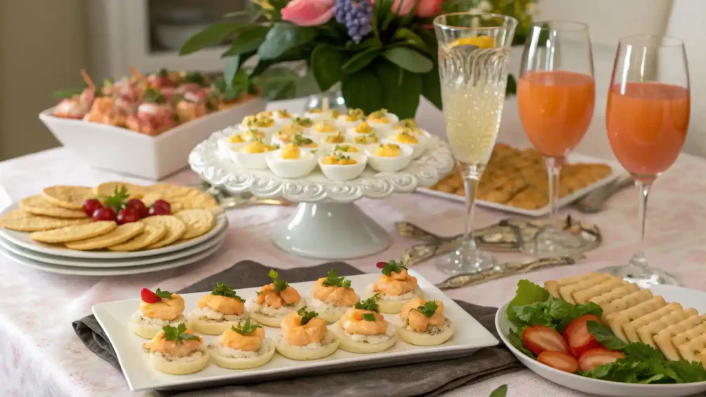 A beautifully arranged table with serving suggestions for Mother's Day appetizers, featuring garnishes and drinks.