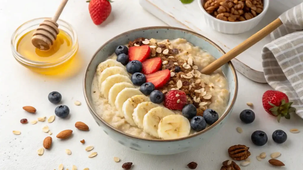 Serving suggestions for Banana Overnight Oats with various toppings.