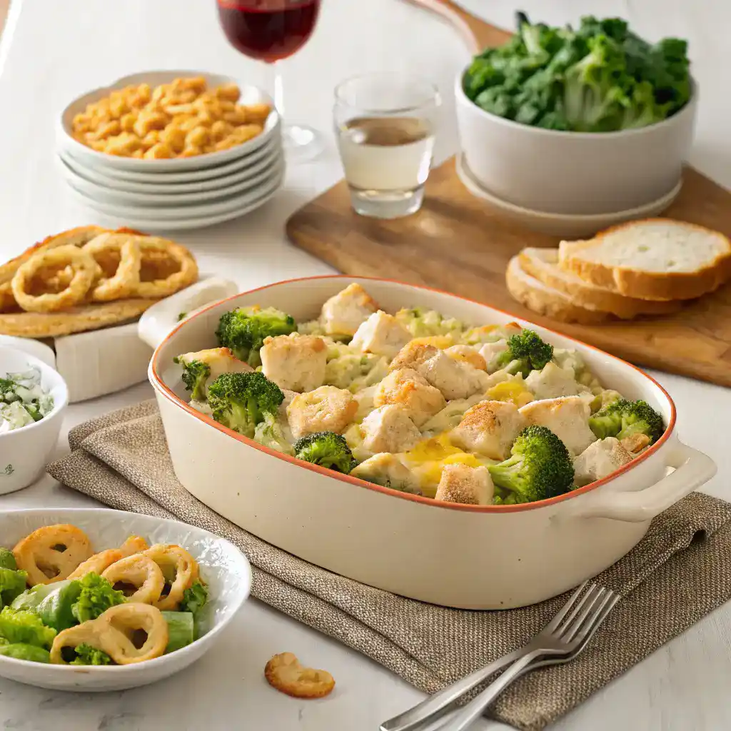 Serving suggestions for broccoli chicken cheese casserole, including fried onions, salad, and garlic bread.