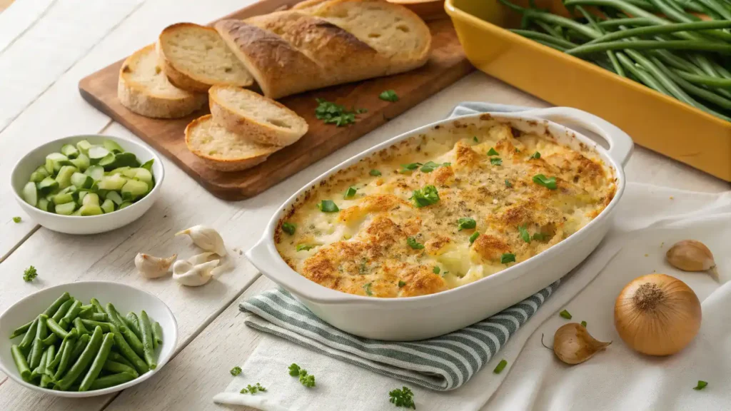 Serving suggestions for cheesy scalloped potatoes supreme, featuring garnishes and complementary dishes.