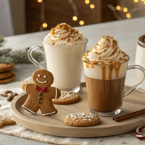 Serving suggestions for eggnog latte with festive mugs and toppings.