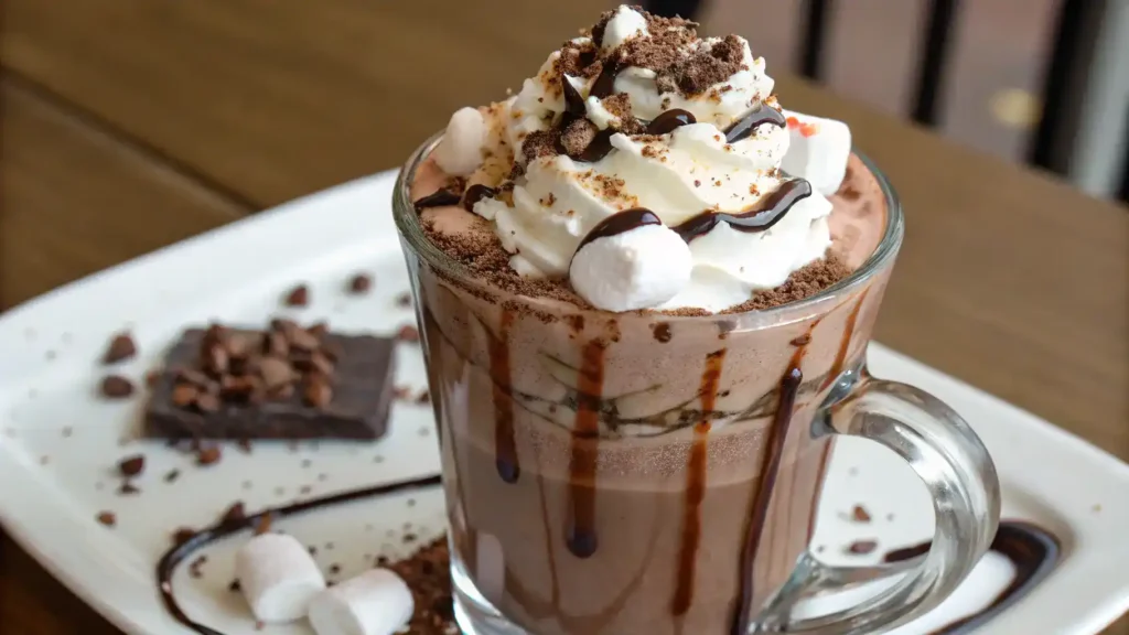 A beautifully served frozen hot chocolate with toppings.