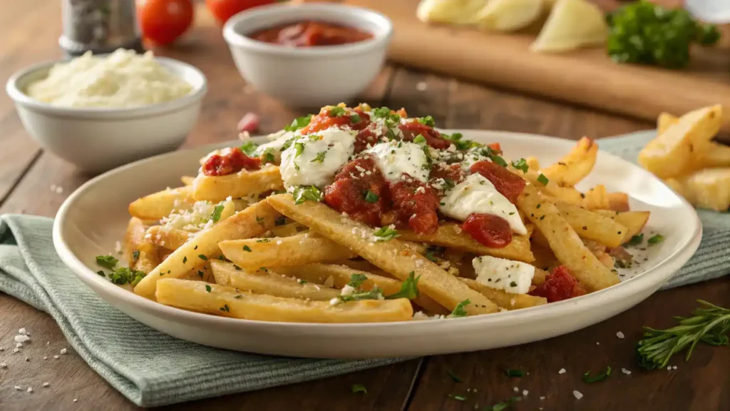 Creative serving suggestions for garlic fries, featuring various toppings and dips.