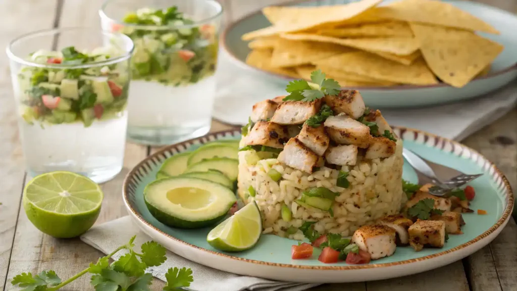 Serving suggestions for honey lime chicken and avocado rice stack.
