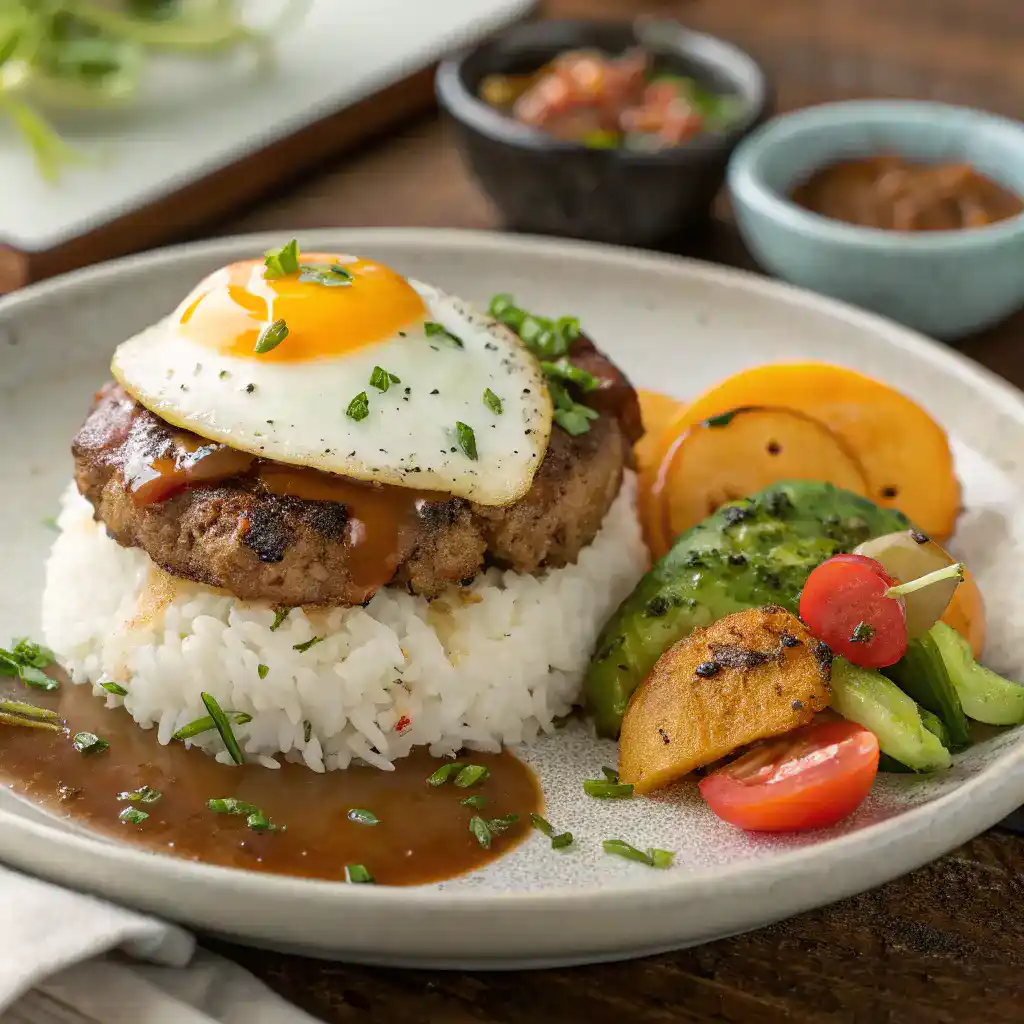 A served plate of Loco Moco with garnishes and sides.